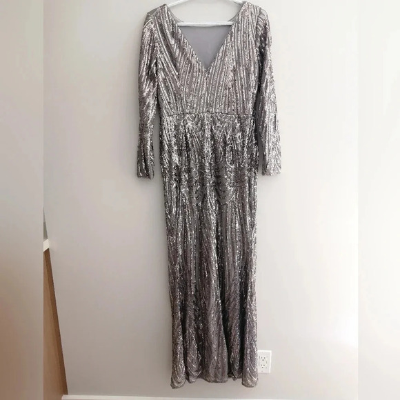 Adrianna Papell Silver Sequin Mesh Mermaid Long Sleeve Maxi Party Formal Dress 4 - Picture 4 of 17